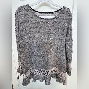 Gray Women's Sweater with Lace Trim